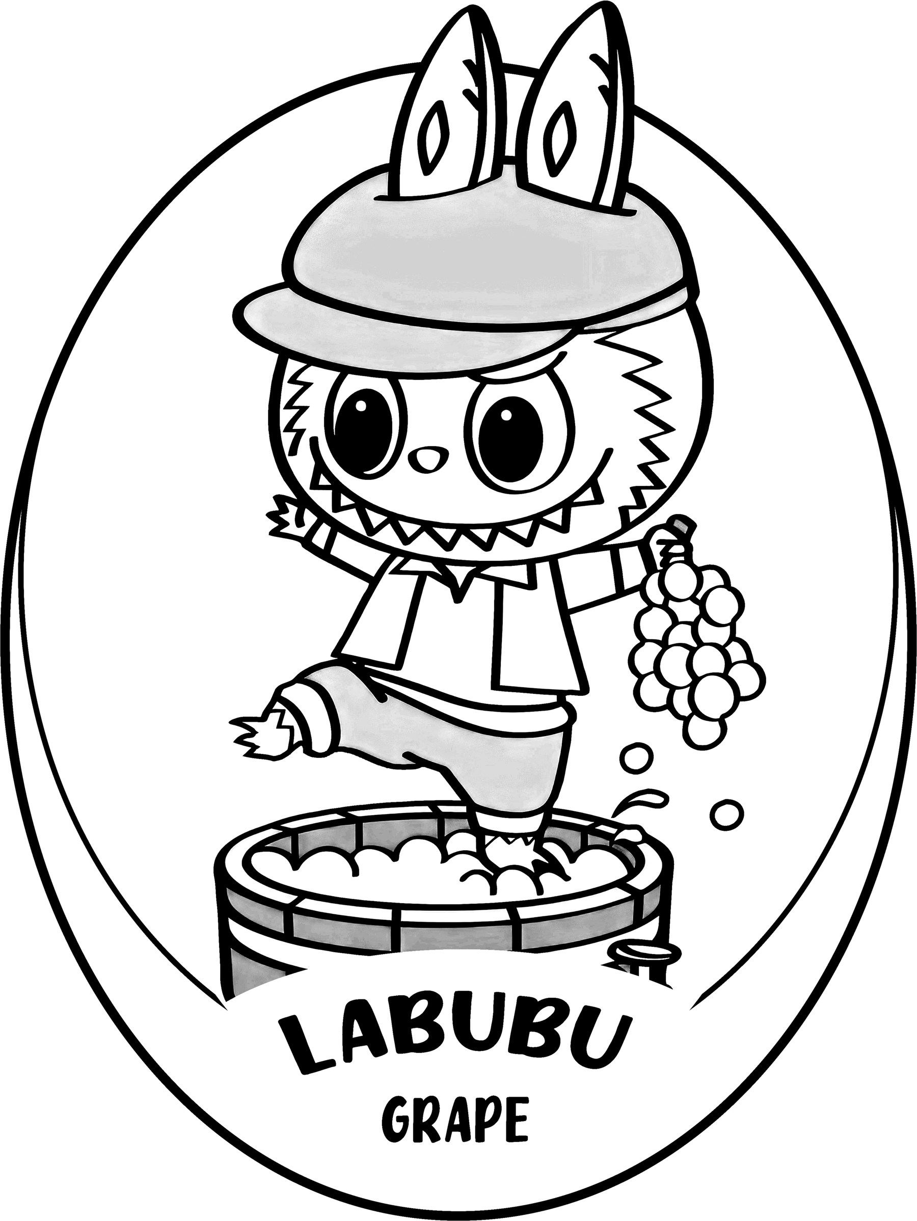 Labubu with grape framed design, line art for coloring